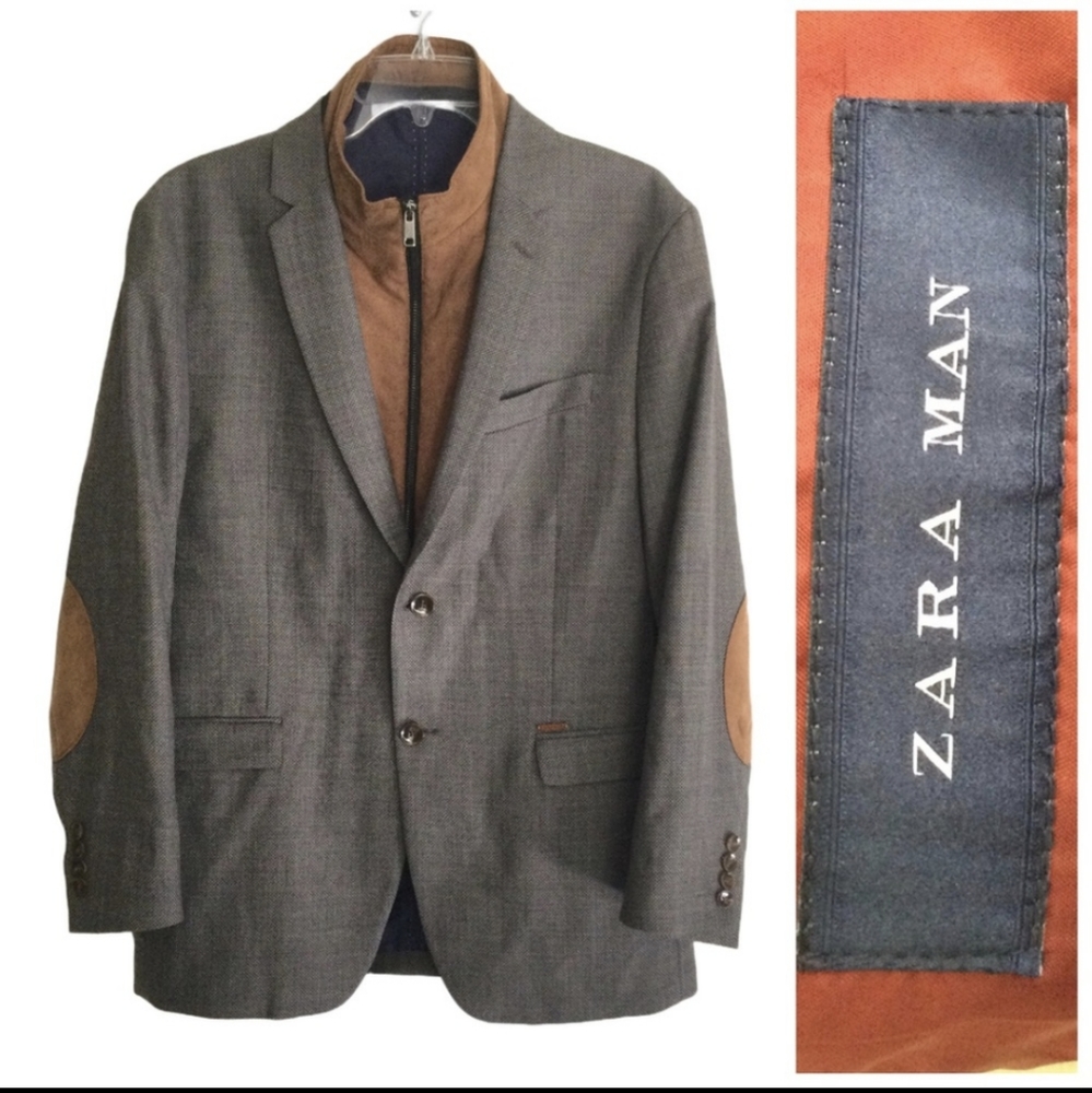 ZARA Men’s Lined Blazer Jacket Elbow Patches Brown Sz XL